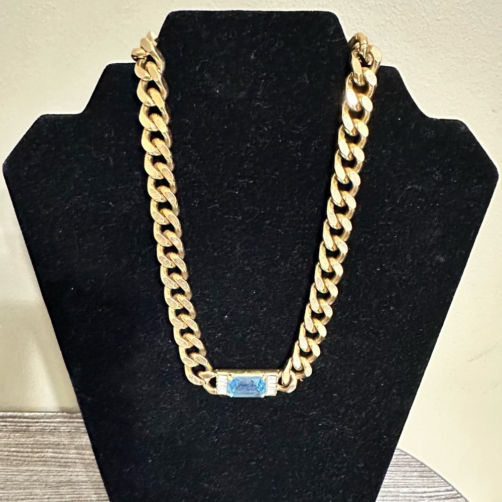 Swarovski Blue &  Baguettes Cuban Link Chain Choker-1980’s - Picture 2 of 11